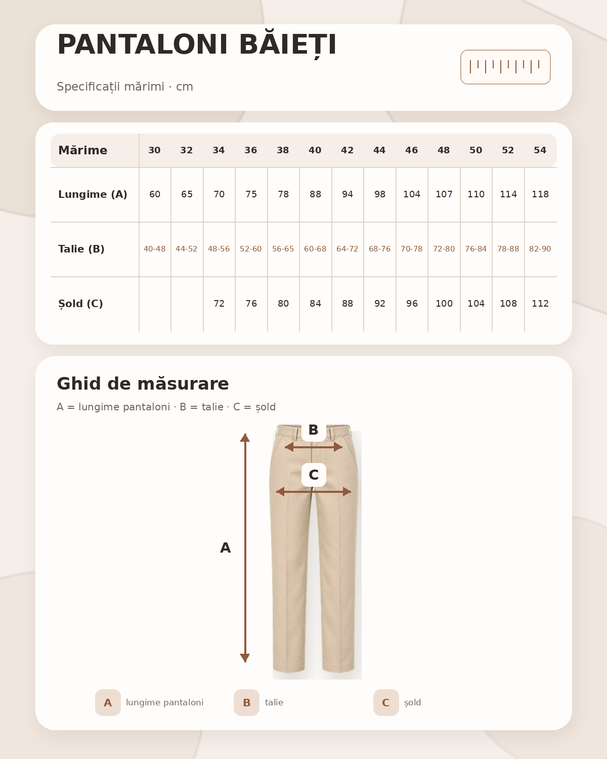Tabel de mărimi pentru Pantaloni lungi băieți - LTA Ștefan Demetrescu